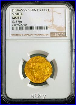 Spain 1 Escudo 1516 1556 Seville Gold Cob Doubloon Ngc 61 Ms Coin! Treasure