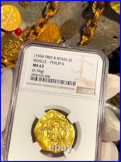 Spain 2 Escudos 1556-98 Ngc 63 Pirate Gold Coins Shipwreck Treasure Atocha Era
