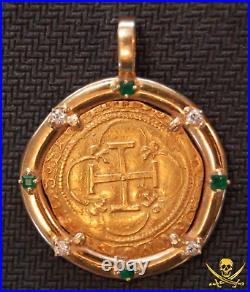 Spain Emerald & Diamonds Bezel Pirate Gold Coins Jewelry Treasure Pendant