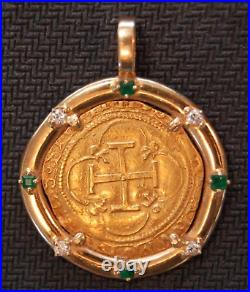 Spain Emerald & Diamonds Bezel Pirate Gold Coins Jewelry Treasure Pendant