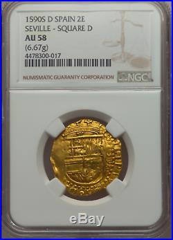 Spain Fully Dated 1590 2 Escudos Ngc 58 Gold Pirate Treasure Shipwreck Coin