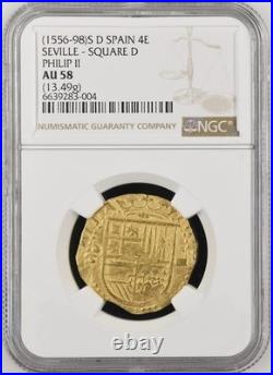 Spain Seville 1556-98 Philip II 4 Escudos Ngc 58 Cob Doubloon Pirate Gold Coin