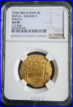 Spain Seville 1556-98 Philip II 4 Escudos Ngc 58 Cob Doubloon Pirate Gold Coin