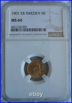 Sweden 1901-EB Gold 5 Kronor NGC MS-64