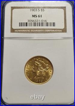 T 1903-s $5 Liberty Gold Half Eagle Ngc Ms61