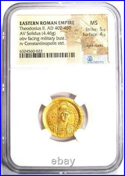 Theodosius II AV Solidus Gold Roman Coin 402-450 AD NGC MS (UNC) 5/5 Strike