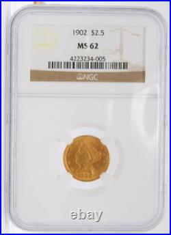 United States 1902 $2.50 Liberty Head Quarter Eagle. 900 Fine Gold Coin NGC MS62