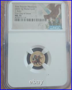 VERY Rare Arte Popular Mexicano 2026 1g Medal Gold 1 Xolo 1st Day Of Issue MS-70